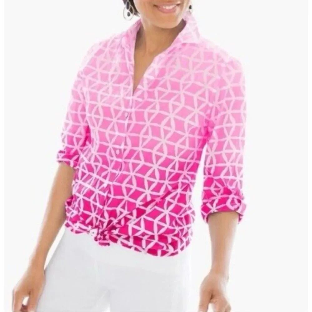 Chico’s Geometric Ombre Button Up Blouse Cotton Long Sleeve Top Size Large